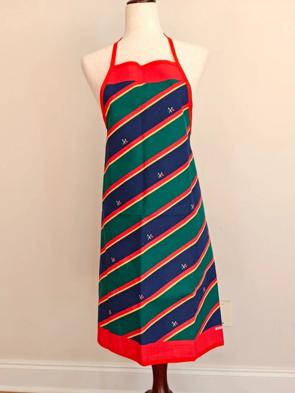 Vintage Zucchi Apron Italy Cotton Navy Red Green Stripe Nautical Yacht NEW NOS